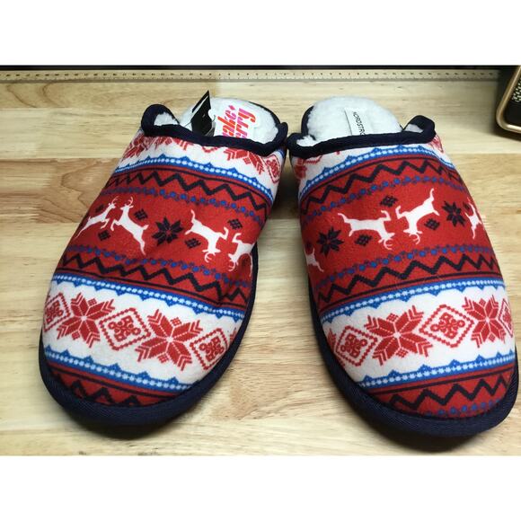 Nordstrom Sherpa Slippers Men 9.5 Red White Nordic Christmas Slip On Outdoor NWT - Picture 1 of 7